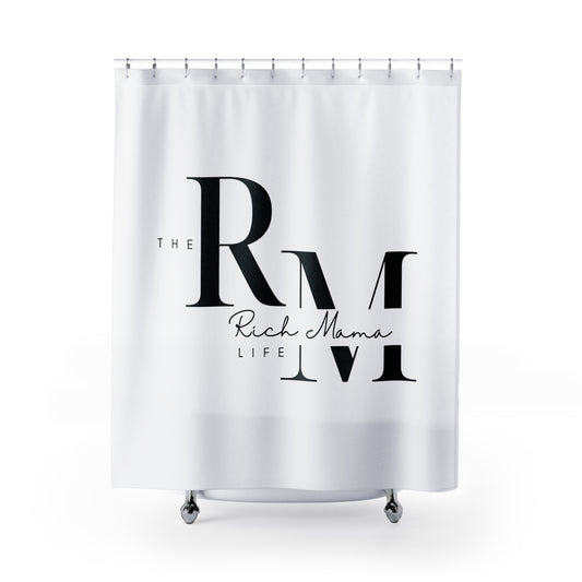 The Rich Mama Life Logo Shower Curtain (White & Black)