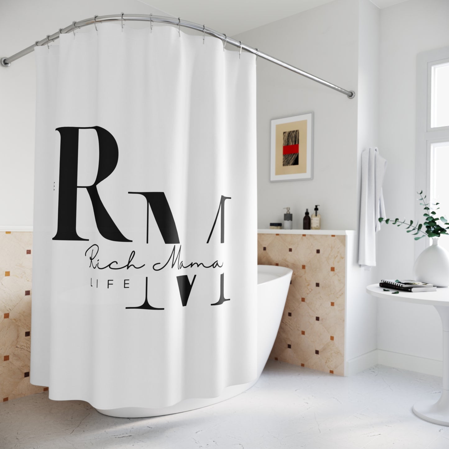 The Rich Mama Life Logo Shower Curtain (White & Black)